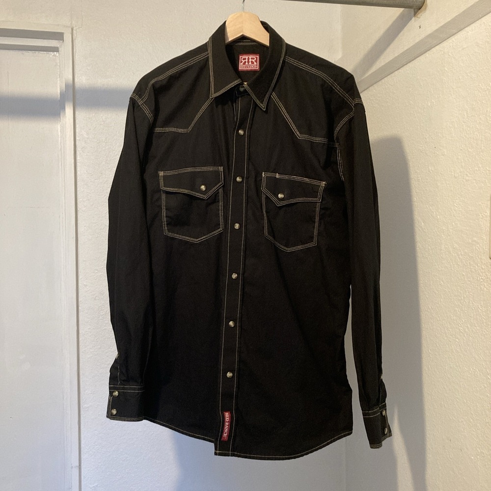 Sheplers Red Ranch Western Black Pearl Snap Shirt Men L Triple Stitch Rockabilly